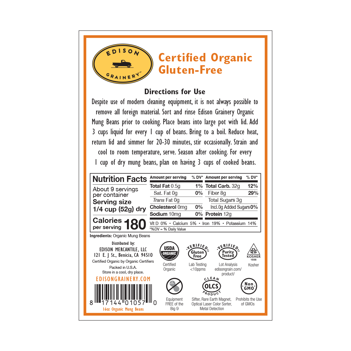 Edison Grainery Organic Mung Beans 16 oz